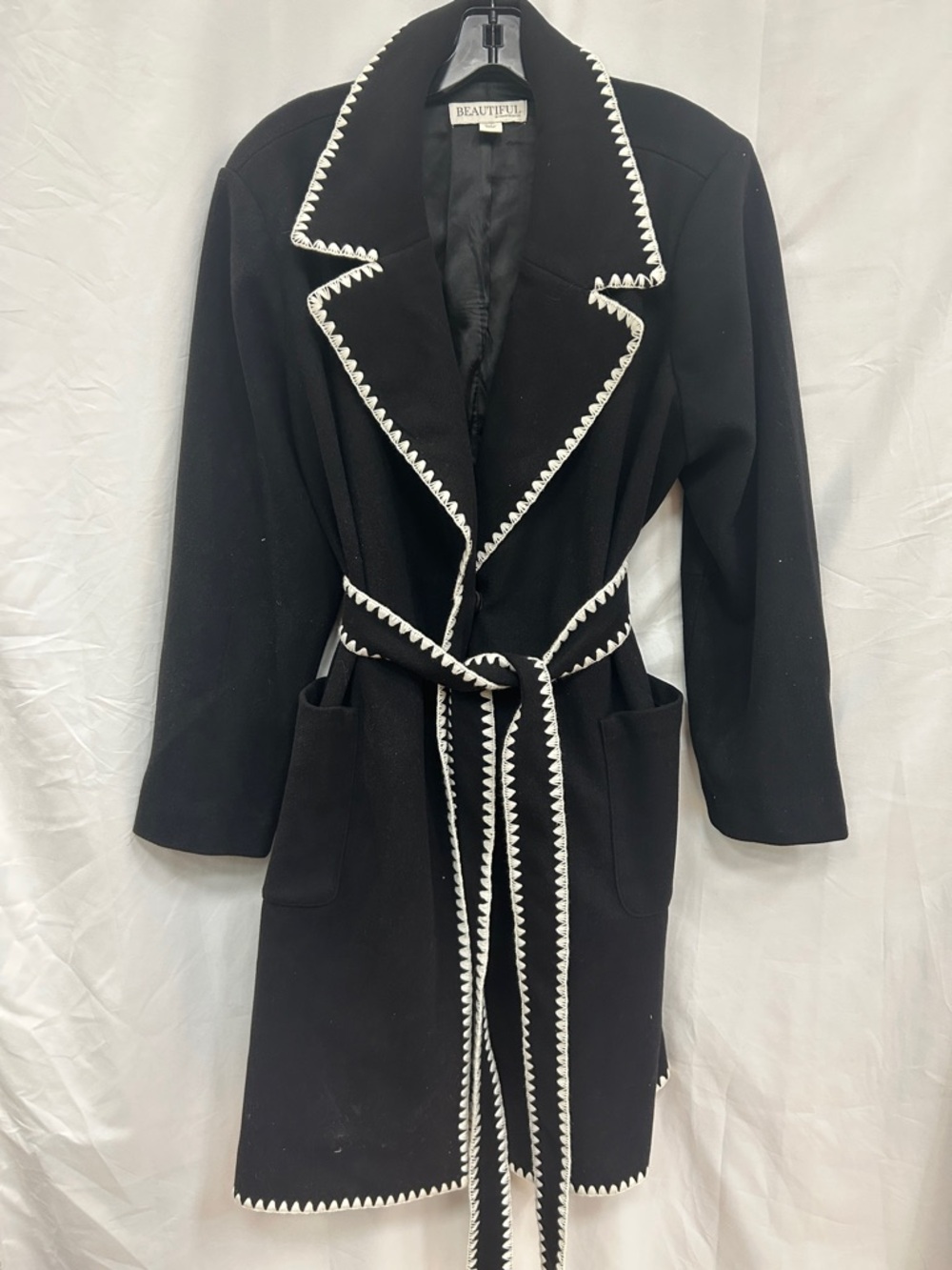 Black Trench Coat with White Trim - Women's Belted Coat